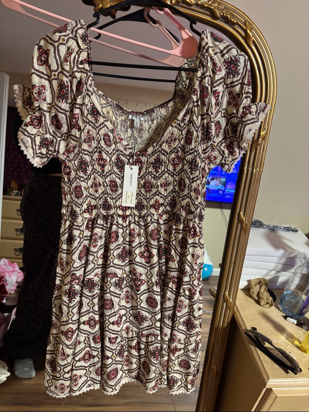 Smocked Short Sleeve Boho Dress in Cream and Burgundy